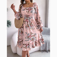 Floral Long-Sleeved Fitted Waist A-Line Skirt With Ruffles