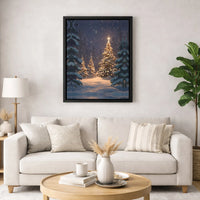 Snowy Winter Forest Print, Christmas Tree Canvas Wall Art, Glowing Lights Holiday Landscape Wall Art, Xmas Digital Download Printable Poster