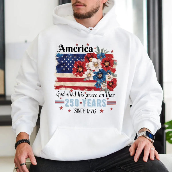 America 250 Years Hoodie | Floral Flag Design Celebrating 250th Anniversary | Premium Cotton-Poly Blend | Patriotic Gift for History Lovers