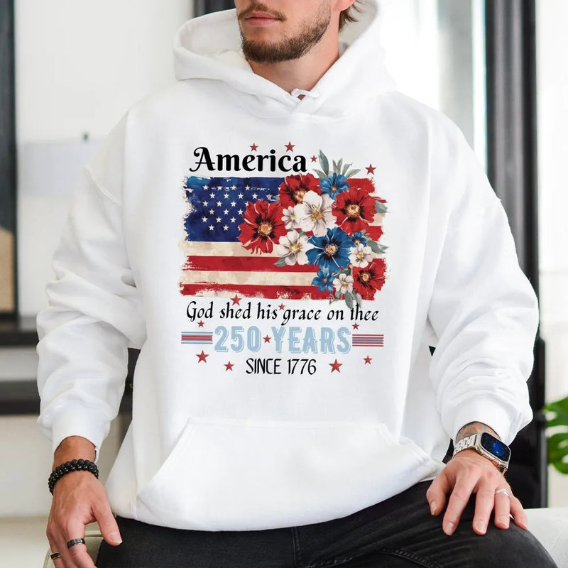 America 250 Years Hoodie | Floral Flag Design Celebrating 250th Anniversary | Premium Cotton-Poly Blend | Patriotic Gift for History Lovers