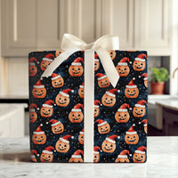 Halloween Christmas Gift Wrap, Jack-o'-Lantern Santa Hat Wrapping Paper, Spooky Holiday Wrapping Paper, Pumpkin Xmas Present Gift Wrap Roll