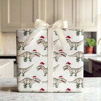 Santa Hat Dinosaur Gift Wrap, Watercolor T-Rex Christmas Wrapping Paper, Adorable Dino Holiday Wrapping Paper, Kids Winter Gift Wrapping Paper
