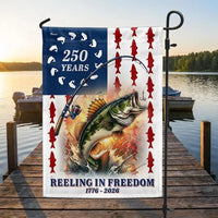 Bass Fishing Garden Flag | 250 Years Reeling in Freedom Patriotic Design | Double-Sided Polyester | Americana Outdoor Decor for Anglers