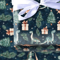 Watercolor Dino Gift Wrap, Navy Christmas Dinosaur Wrapping Paper, Winter Tree Holiday Dinosaur Wrapping Paper, Kids Gift Wrapping Paper