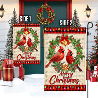 Festive Wreath Red Birds Yard Flag, Merry Christmas Cardinal Garden Flag, Double Sided Winter Holiday Lawn Flag, Bird Lover Present