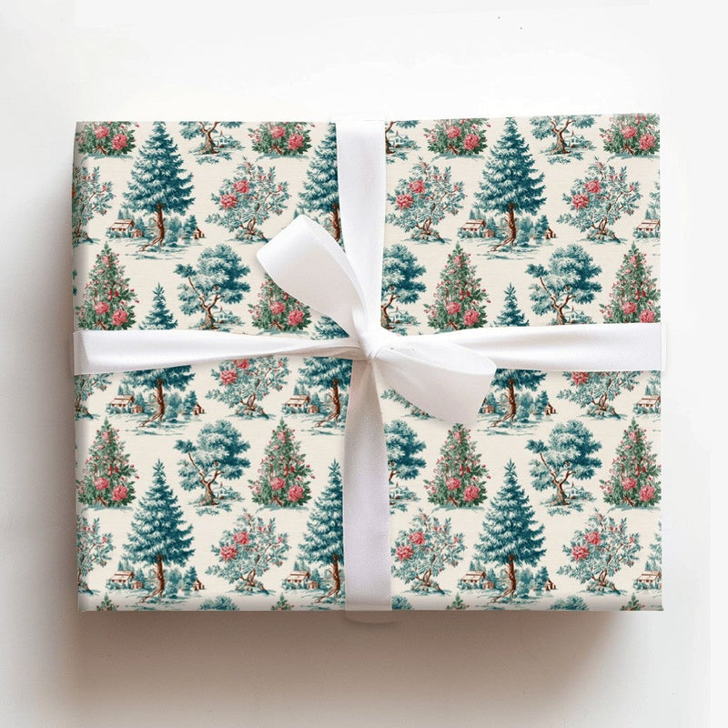 Vintage Scenic Evergreen Gift Wrap, Christmas Toile Wrapping Paper, Cabin Winter Tree Wrapping Paper, Holiday Elegant Present Wrap Roll