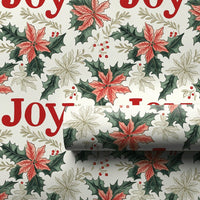 Botanical Holly Holiday Gift Wrap, Joy Poinsettia Christmas Wrapping Paper, Floral Christmas Wrapping Paper, Festive Present Packaging