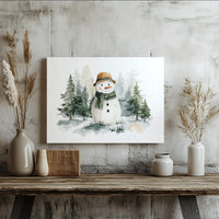 Winter Forest Christmas Canvas Print, Watercolor Snowman Canvas Art, Holiday Wall Decor, Seasonal Winter Landscape Canvas Wall Art