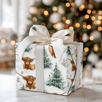 Snowy Pine Christmas Gift Wrap, Highland Cow Wrapping Paper, Scottish Cattle Winter Wrapping Paper, Rustic Farmhouse Holiday Gift Wrap