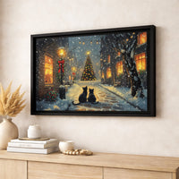 Snowy Village Holiday Street Canvas Wall Art, Black Cat Christmas Canvas Print, Winter Cat Landscape Canvas, Holiday Home Decor Present