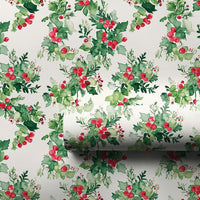 Traditional Christmas Gift Wrap, Watercolor Holly Berries Wrapping Paper, Botanical Holiday Wrapping Paper, Classic Winter Gift Wrap Roll