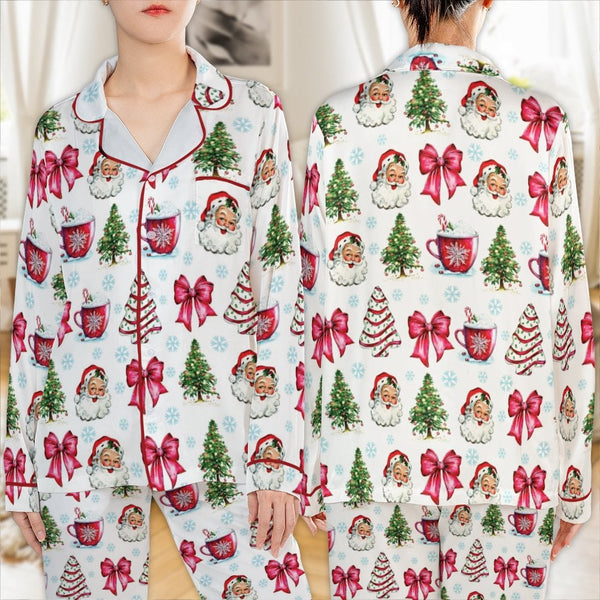 Christmas Tree Pajama Set, Vintage Santa Satin Pajamas, Holiday Bow Satin Pajamas, Festive Christmas Sleepwear Set, Womens Xm