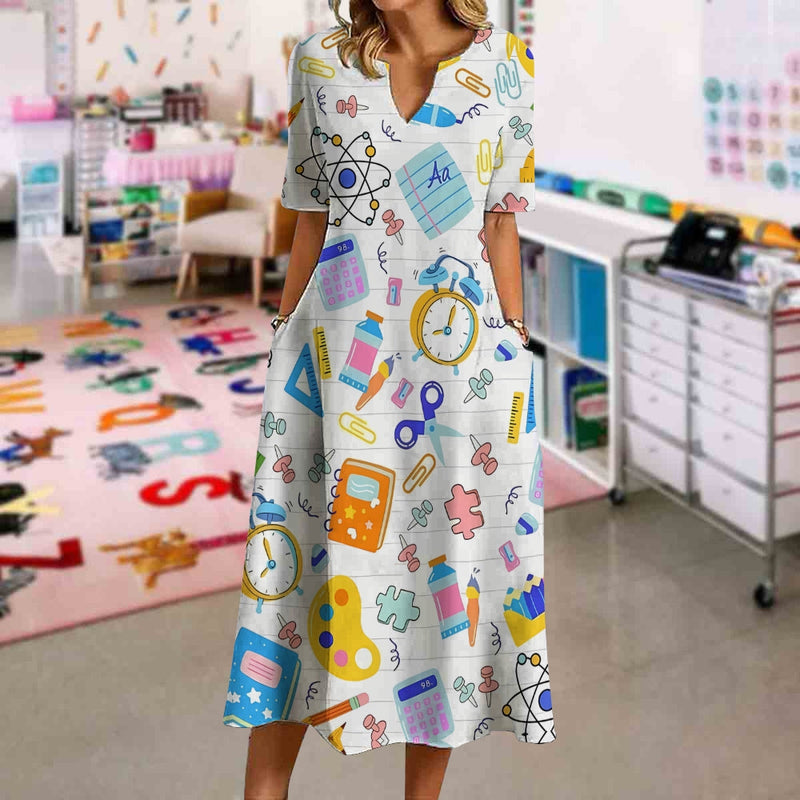 Simple Teacher Supplies Printed Dress