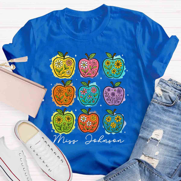 Personalized Name Apple Flower Heart Teacher T-shirt