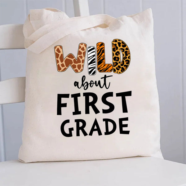 Personalized Grade Wild About First Grade Canvas Tote Bag