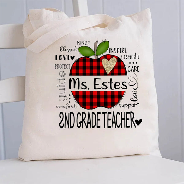 Personalized Grade And Name Apple Checkerboard Apple Canvas Tote Bag