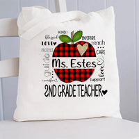 Personalized Grade And Name Apple Checkerboard Apple Canvas Tote Bag