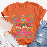 Personalized Name Maestra Bilingual Teacher Flowers T-shirt