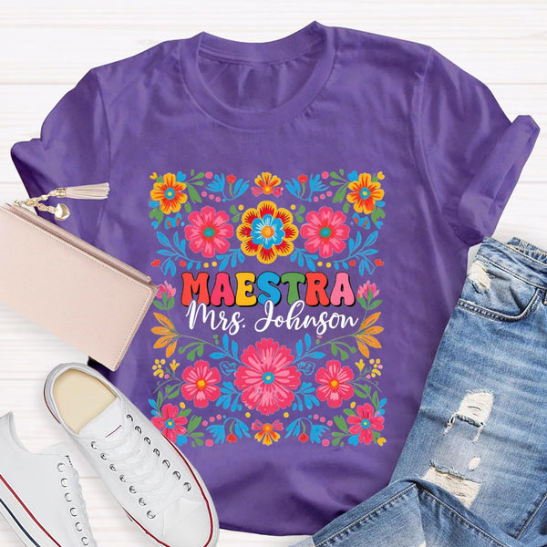Personalized Name Maestra Bilingual Teacher Flowers T-shirt