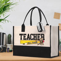Personalized Name Leopard Teacher Pencil Cotton Tote Bag
