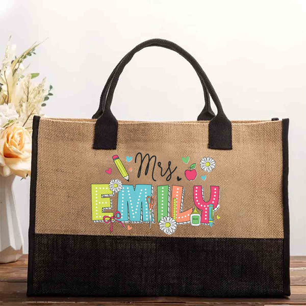Personalized Name Colourful Text Polka Dot Stripe Design Cotton Tote Bag