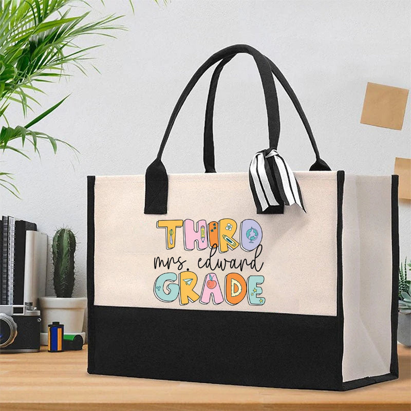 Personalized Name And Grade Colorful Pencil Cotton Tote Bag