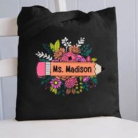 Personalized Name Floral Pencil Canvas Tote Bag
