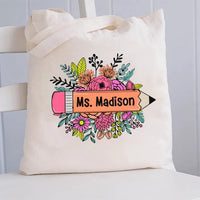 Personalized Name Floral Pencil Canvas Tote Bag
