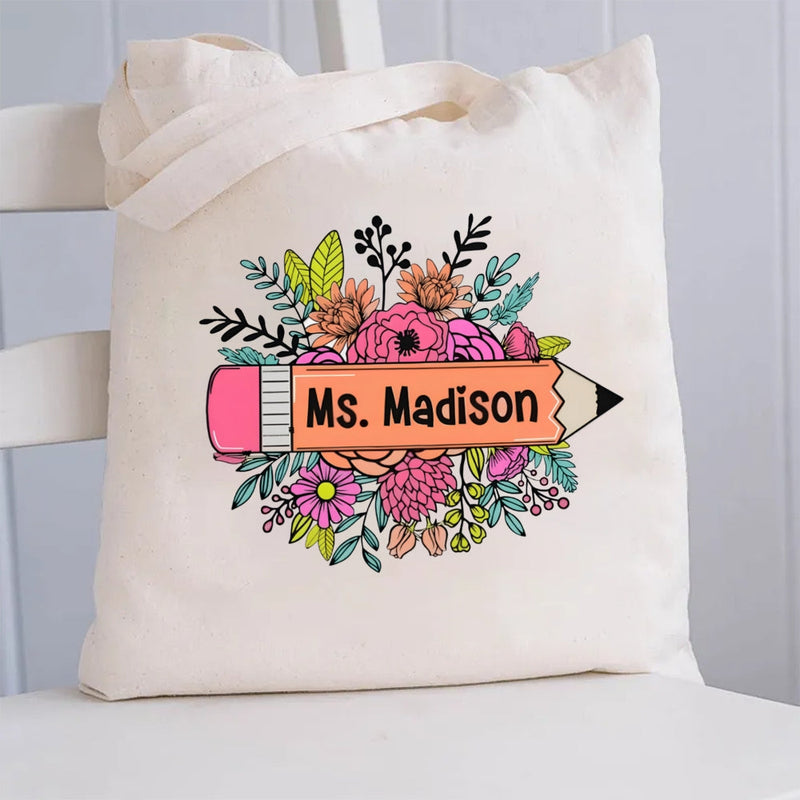 Personalized Name Floral Pencil Canvas Tote Bag