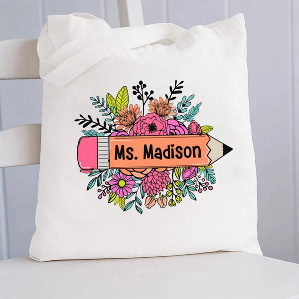 Personalized Name Floral Pencil Canvas Tote Bag