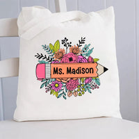 Personalized Name Floral Pencil Canvas Tote Bag