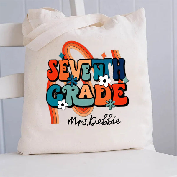 Personalized Name And Grade Rainbow Flowers Canvas Tote Bag