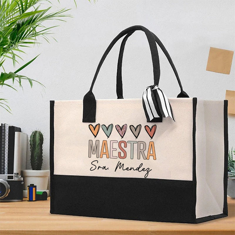 Personalized Name Colorful Heart Spanish Teacher Cotton Tote Bag