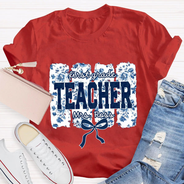 Personalized Grade And Name Blue Floral Bow T-shirt