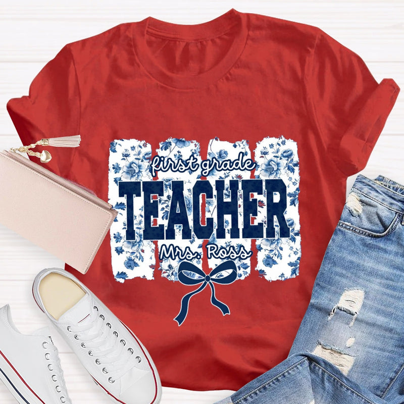 Personalized Grade And Name Blue Floral Bow T-shirt