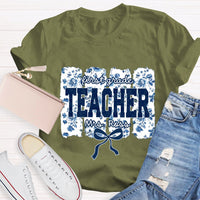 Personalized Grade And Name Blue Floral Bow T-shirt