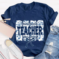 Personalized Grade And Name Blue Floral Bow T-shirt