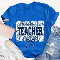 Personalized Grade And Name Blue Floral Bow T-shirt