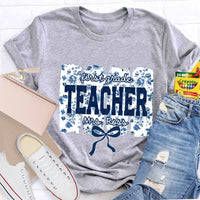 Personalized Grade And Name Blue Floral Bow T-shirt