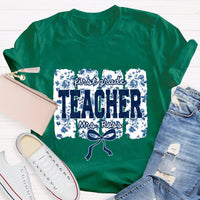 Personalized Grade And Name Blue Floral Bow T-shirt