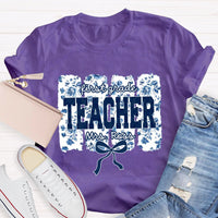 Personalized Grade And Name Blue Floral Bow T-shirt