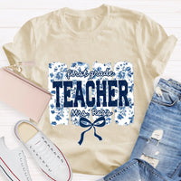 Personalized Grade And Name Blue Floral Bow T-shirt