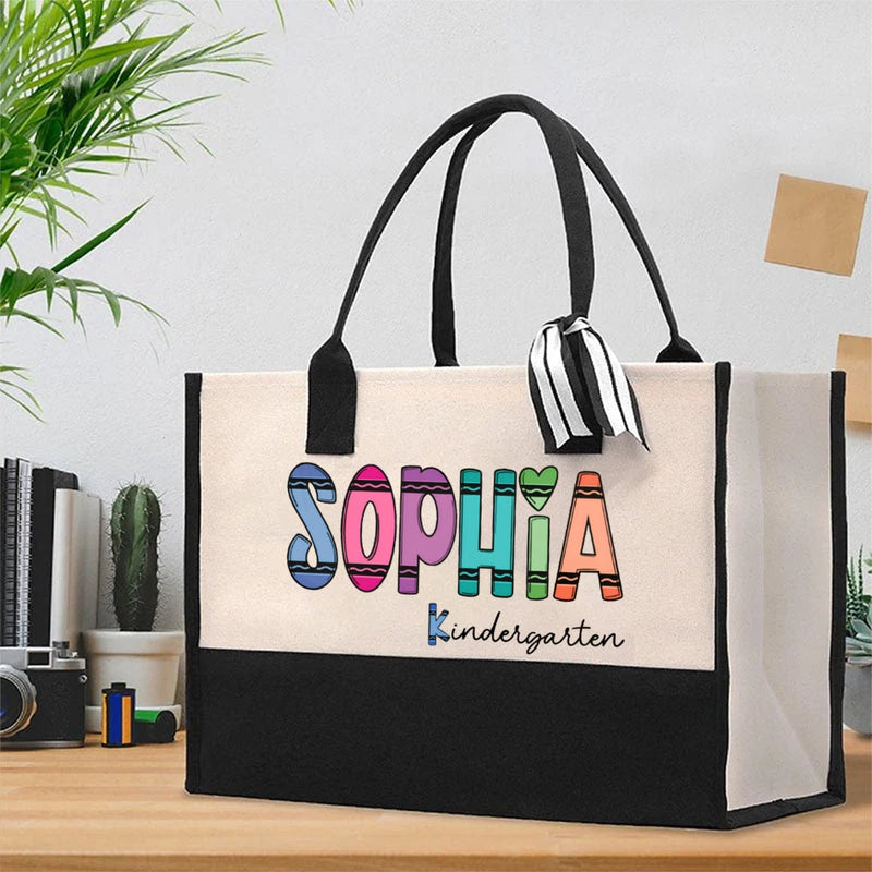 Personalized Kindergarten Teacher Name Colored crayons Cotton Tote Bag