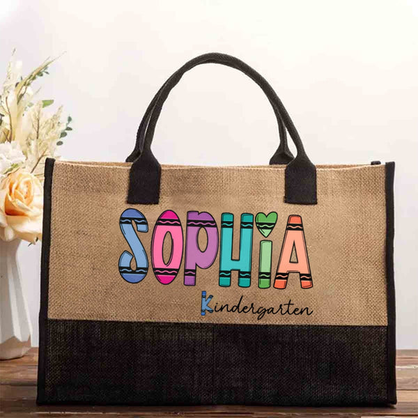 Personalized Kindergarten Teacher Name Colored crayons Cotton Tote Bag