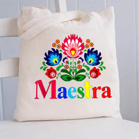 Maestra Teacher Colorful Flowers Bilingual Teacher Canvas Tote Bag