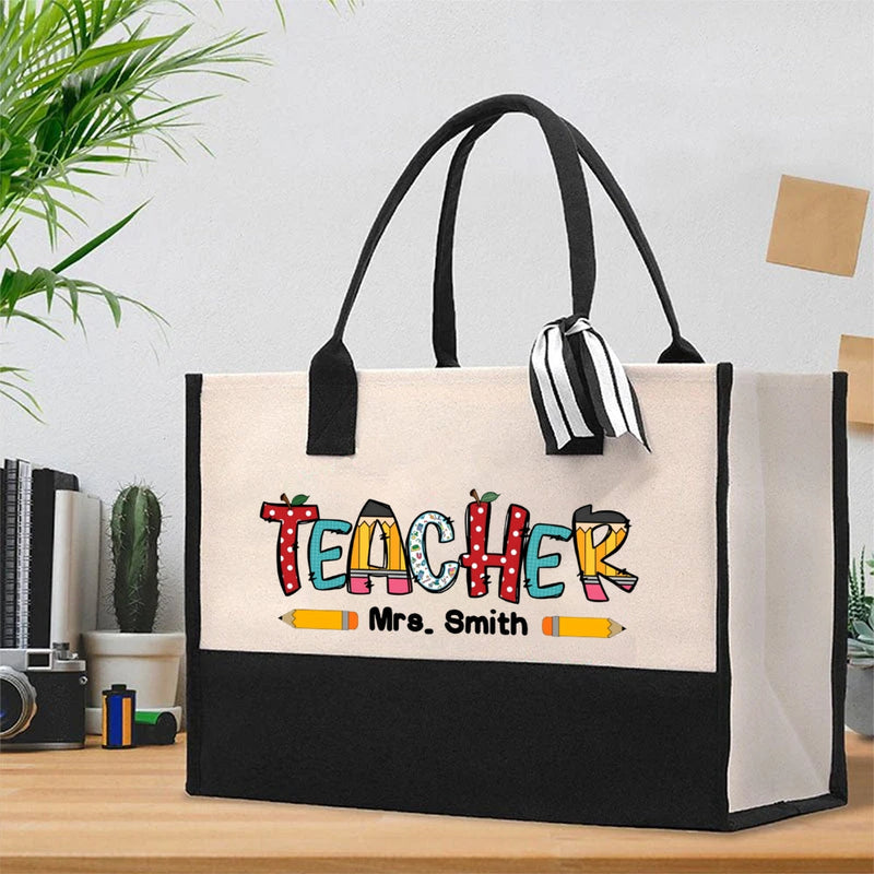 Personalized Name Crayon Apple Dot Print Cotton Tote Bag
