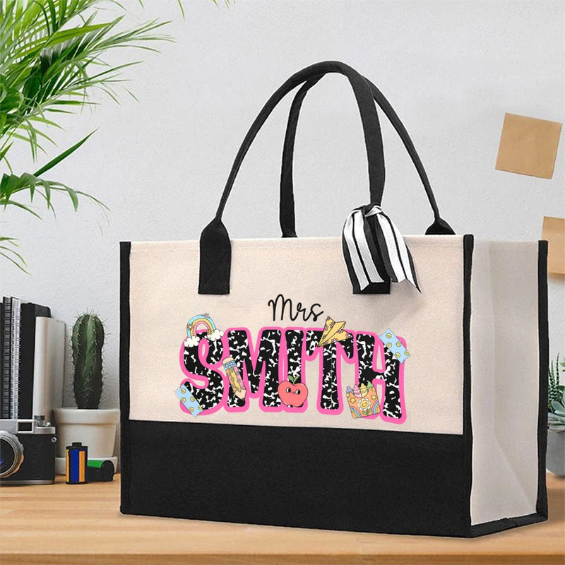 Personalized Name Crayon Apple Rainbow Print Cotton Tote Bag