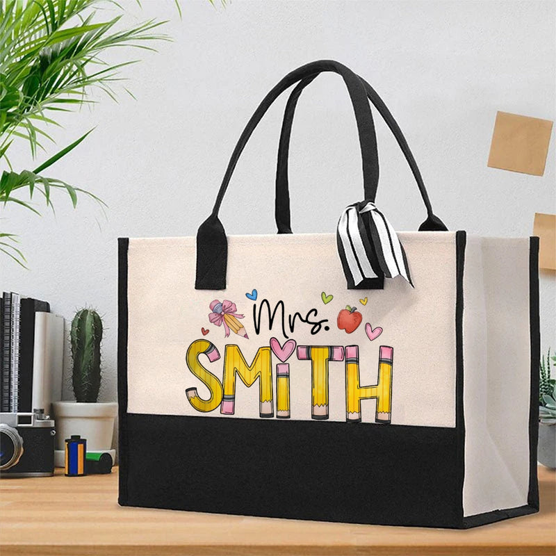 Personalized Name Crayon Apple Print Cotton Tote Bag