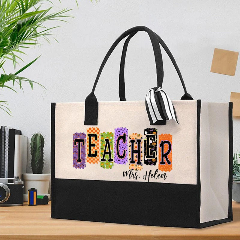 Personalized Name Halloween Skull Cotton Tote Bag