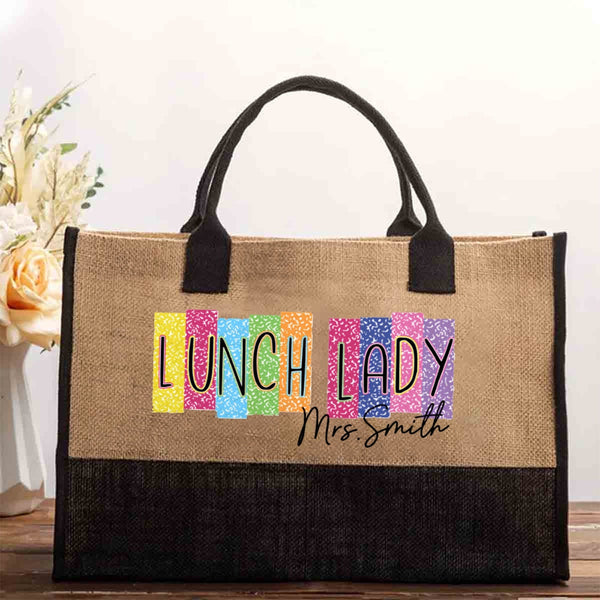 Personalized Lunch Lady Name Colorful Square Cotton Tote Bag